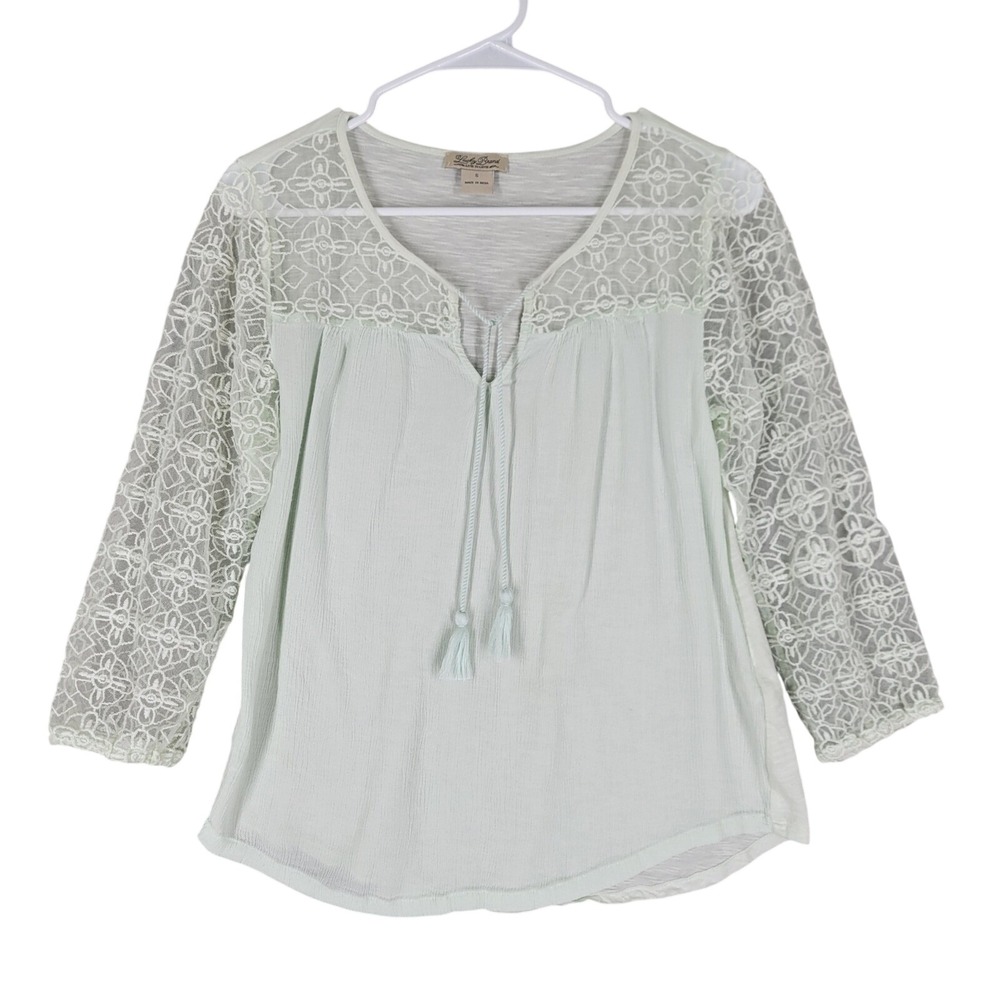 Lucky Brand Peasant Top Women S Mint Green Lace Tassel Boho 3/4 Crochet Sleeve